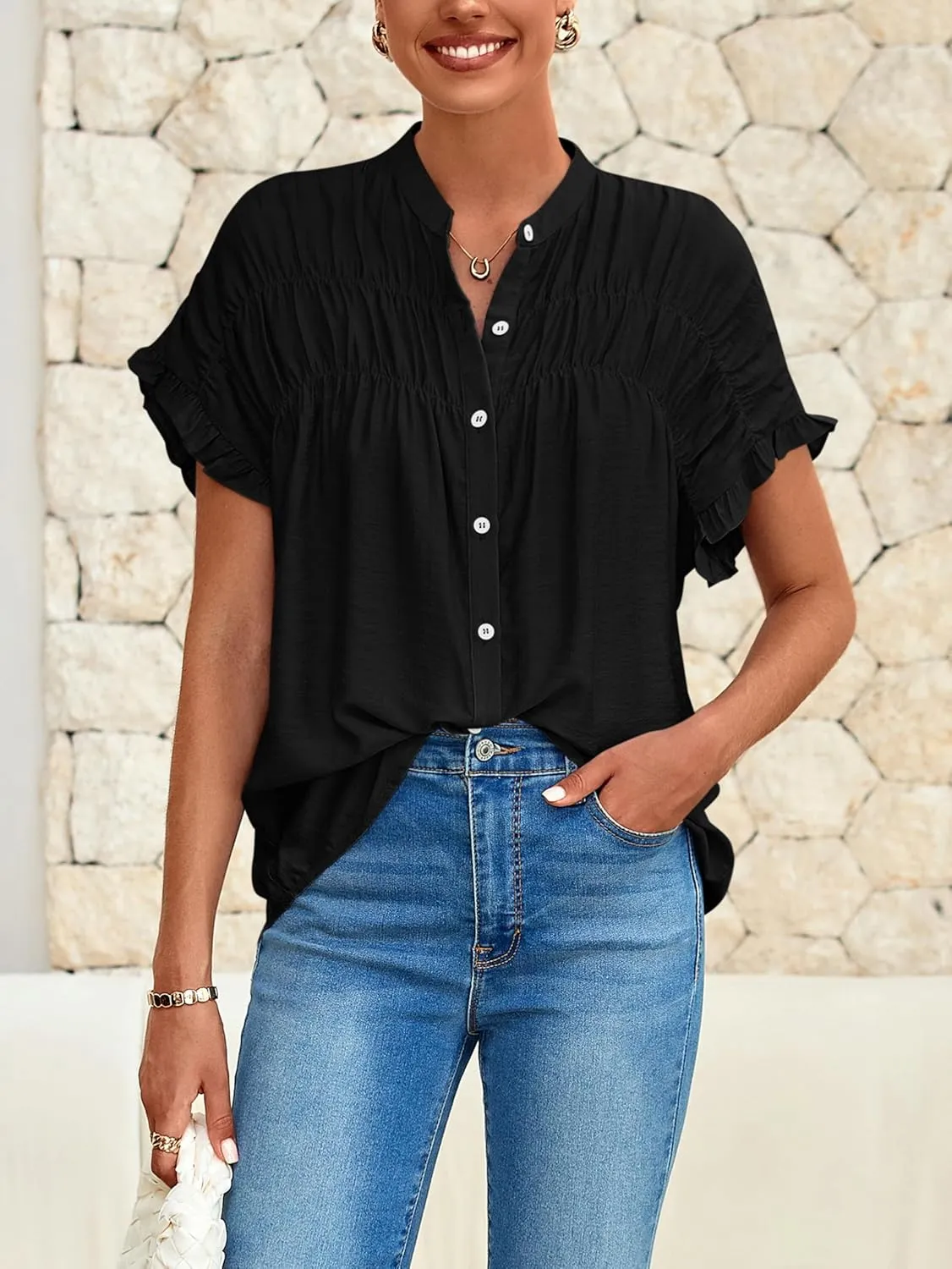 MASCOMODA Womens 2025 Button Down Shirts Ruffle Short Sleeve Loose Summer Tops Dressy Casual V Neck Business Work Blouses