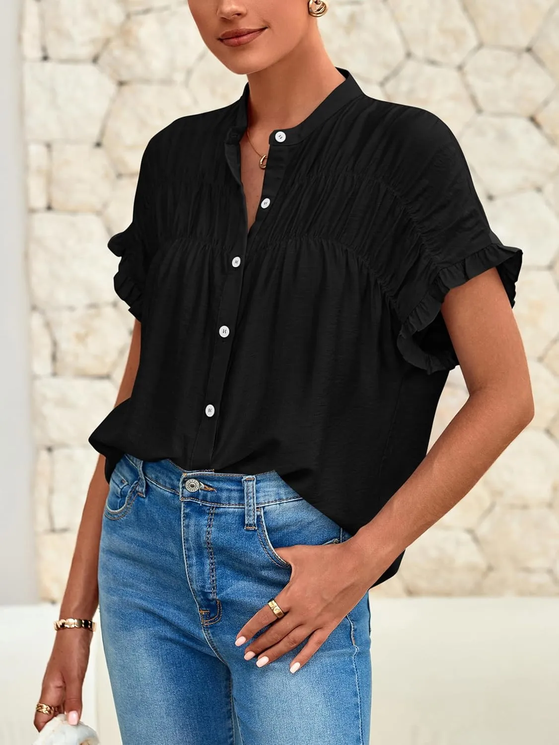 MASCOMODA Womens 2025 Button Down Shirts Ruffle Short Sleeve Loose Summer Tops Dressy Casual V Neck Business Work Blouses