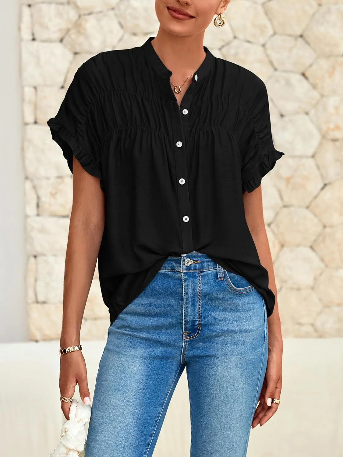 MASCOMODA Womens 2025 Button Down Shirts Ruffle Short Sleeve Loose Summer Tops Dressy Casual V Neck Business Work Blouses