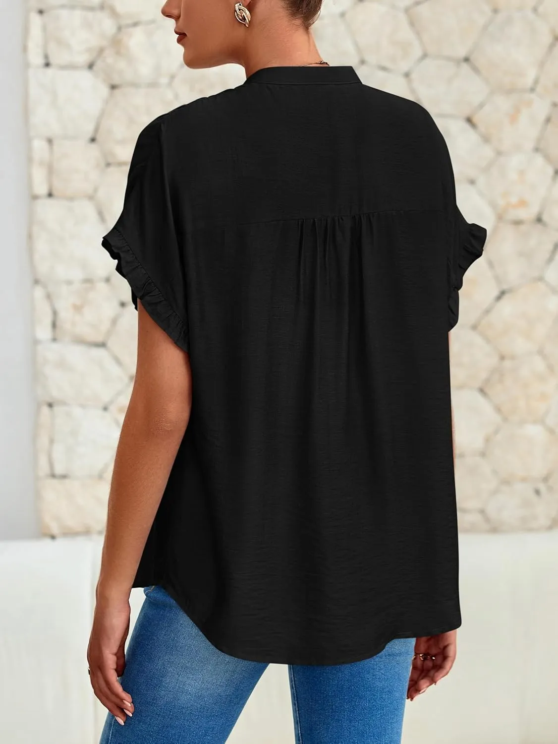 MASCOMODA Womens 2025 Button Down Shirts Ruffle Short Sleeve Loose Summer Tops Dressy Casual V Neck Business Work Blouses