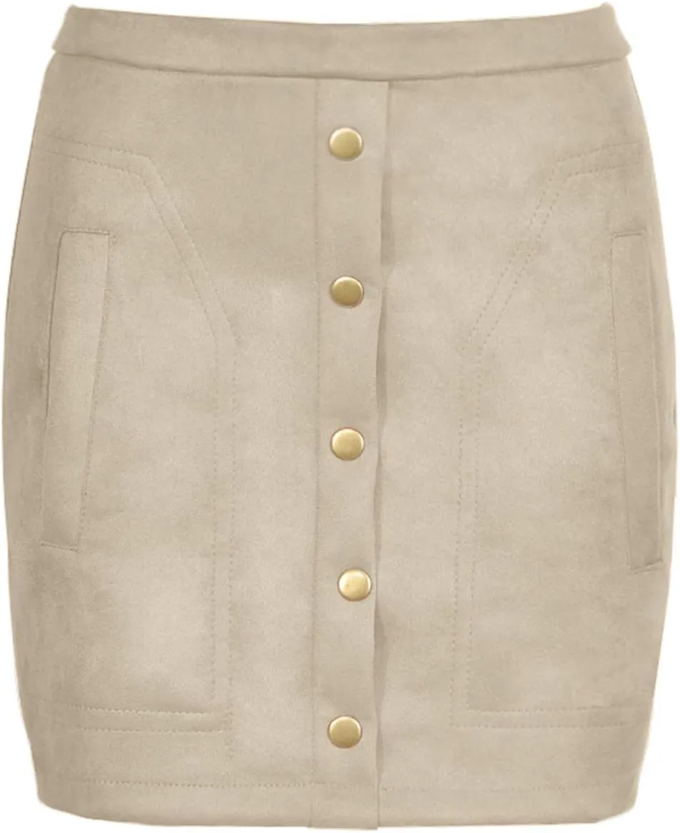 Meyeeka Women's Button Front Faux Suede High Waist A-line Mini Skirt with Pocket