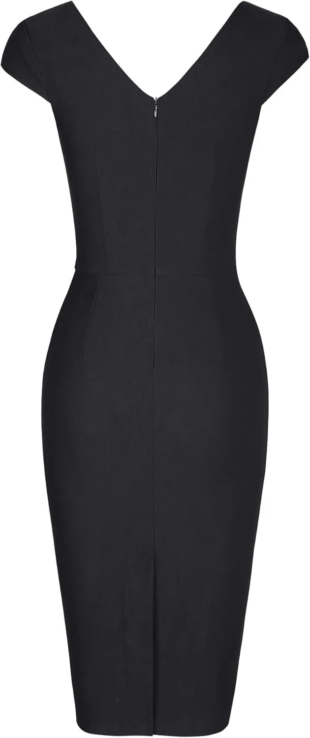 MUXXN Women's 1950's Vintage V Neck Ruched Sheath Formal Pencil Dress