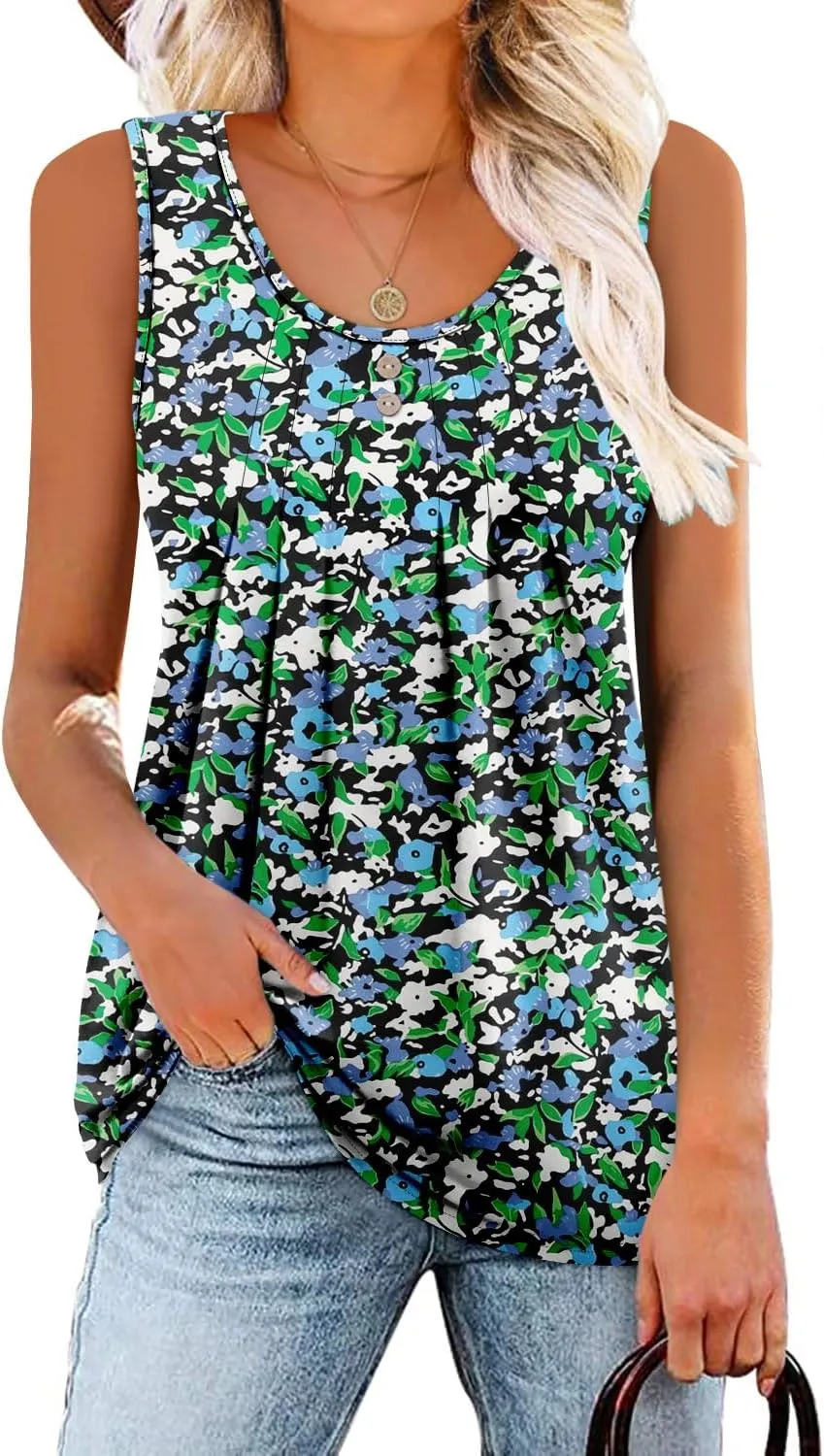 onlypuff Womens Tank Tops Sleeveless Pleated Crew Neck Shirts Dressy Casual Work Cami Blouse