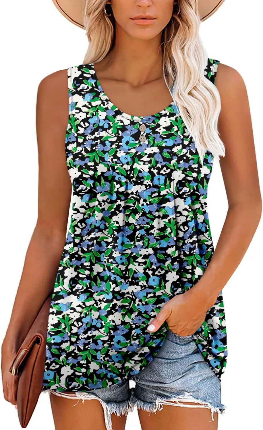 onlypuff Womens Tank Tops Sleeveless Pleated Crew Neck Shirts Dressy Casual Work Cami Blouse