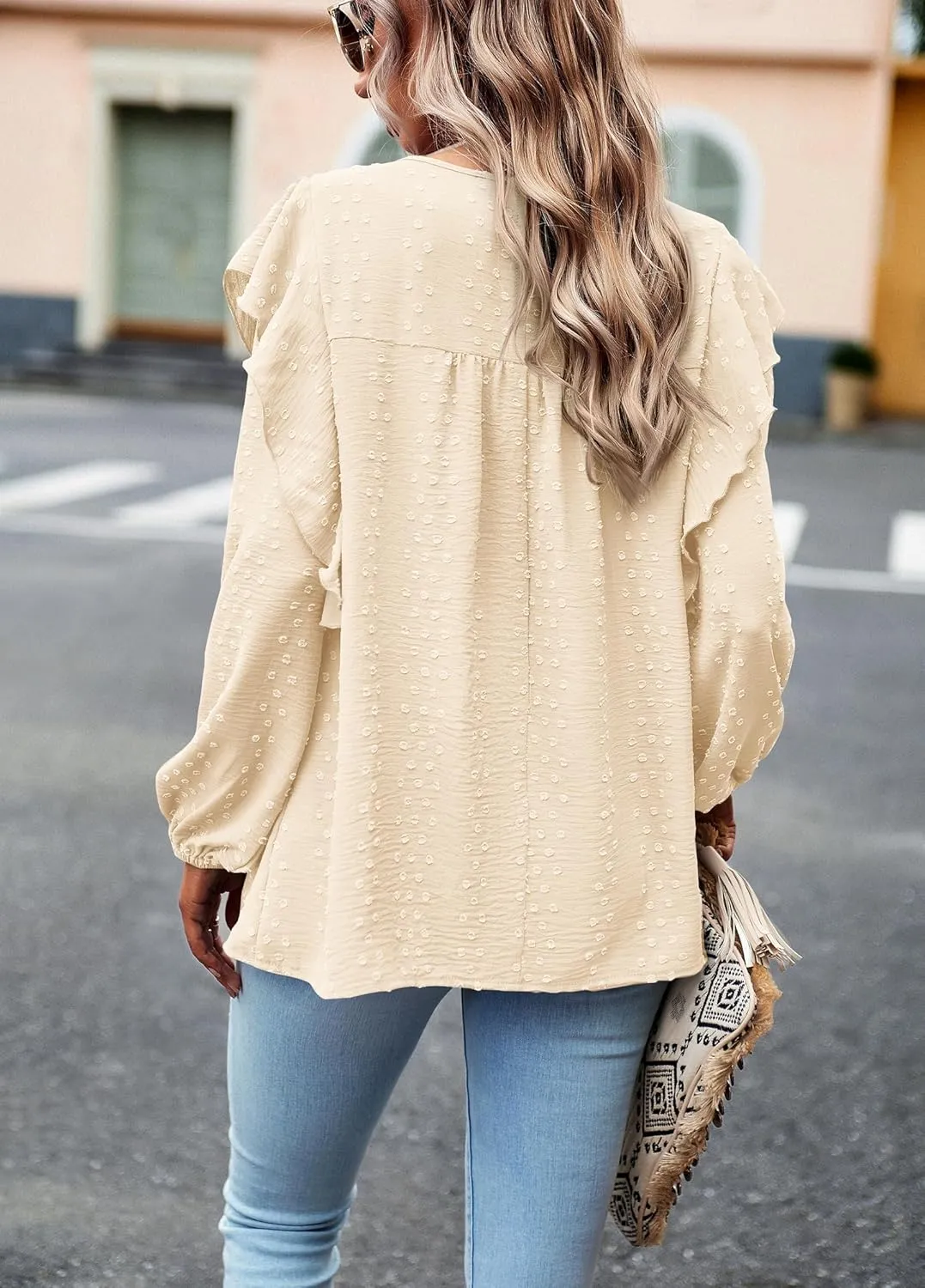 PRETTYGARDEN Women's Long Sleeve Blouses Ruffle Swiss Dot Crochet Loose Fit 2025 Spring Fall Tunic Dressy Casual Tops