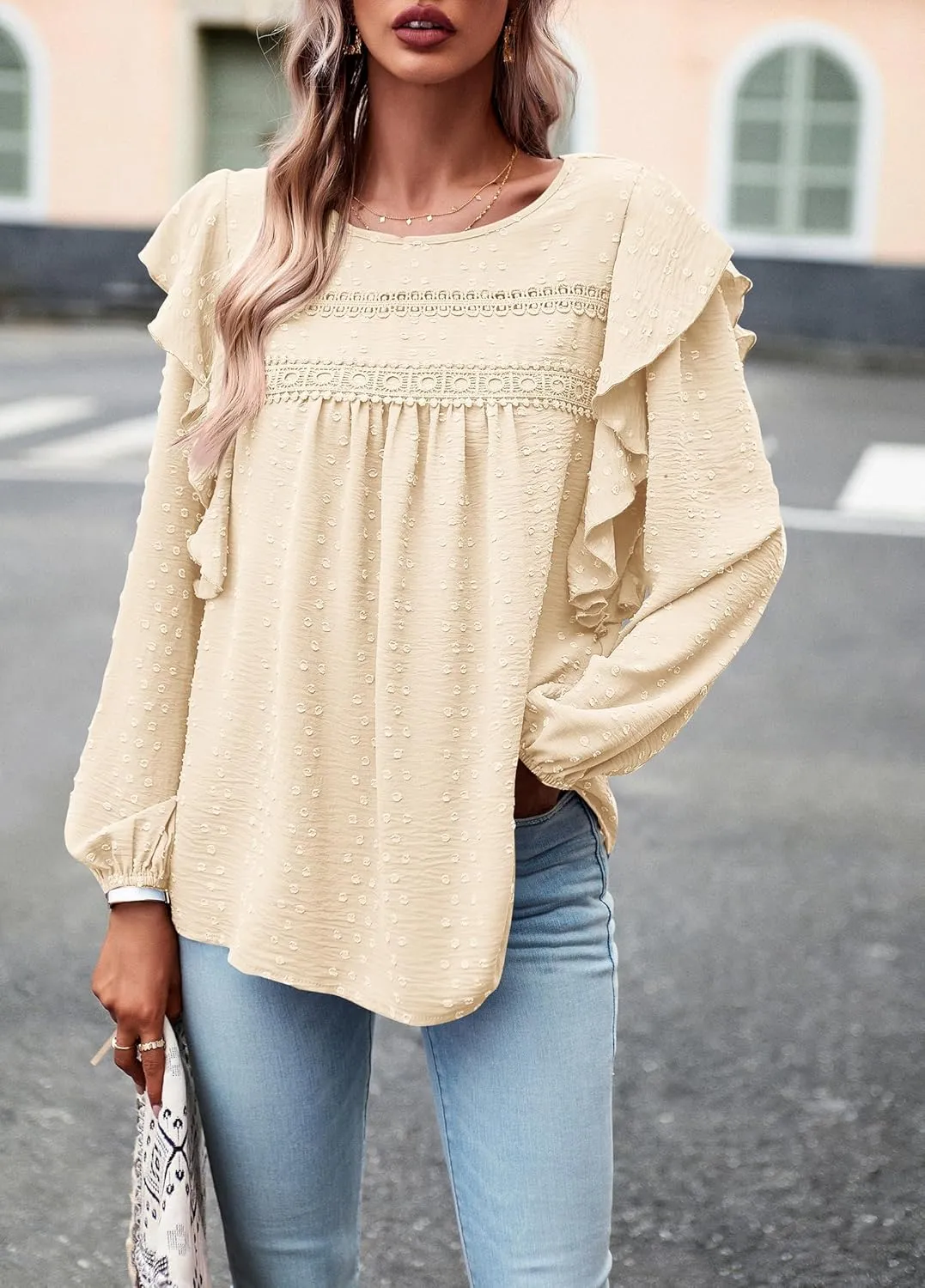 PRETTYGARDEN Women's Long Sleeve Blouses Ruffle Swiss Dot Crochet Loose Fit 2025 Spring Fall Tunic Dressy Casual Tops