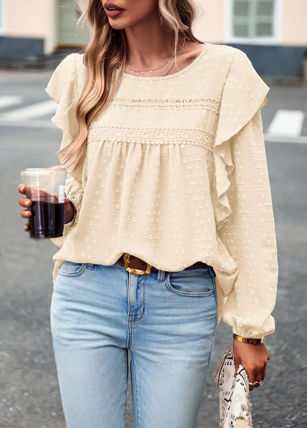 PRETTYGARDEN Women's Long Sleeve Blouses Ruffle Swiss Dot Crochet Loose Fit 2025 Spring Fall Tunic Dressy Casual Tops