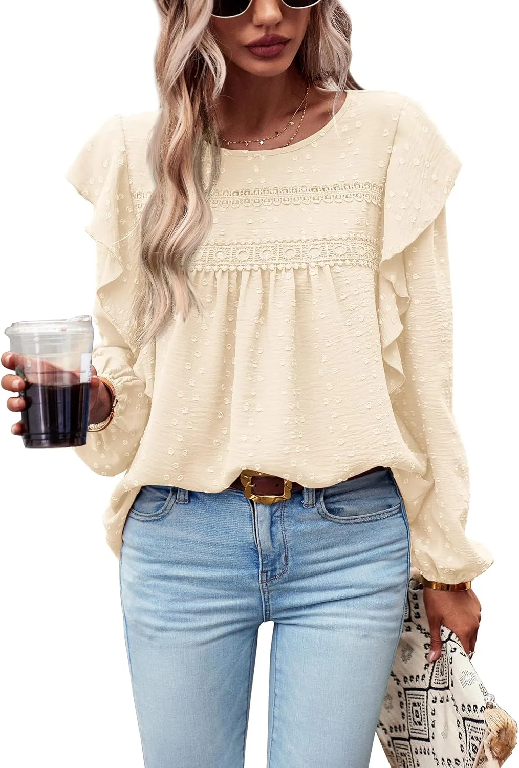 PRETTYGARDEN Women's Long Sleeve Blouses Ruffle Swiss Dot Crochet Loose Fit 2025 Spring Fall Tunic Dressy Casual Tops