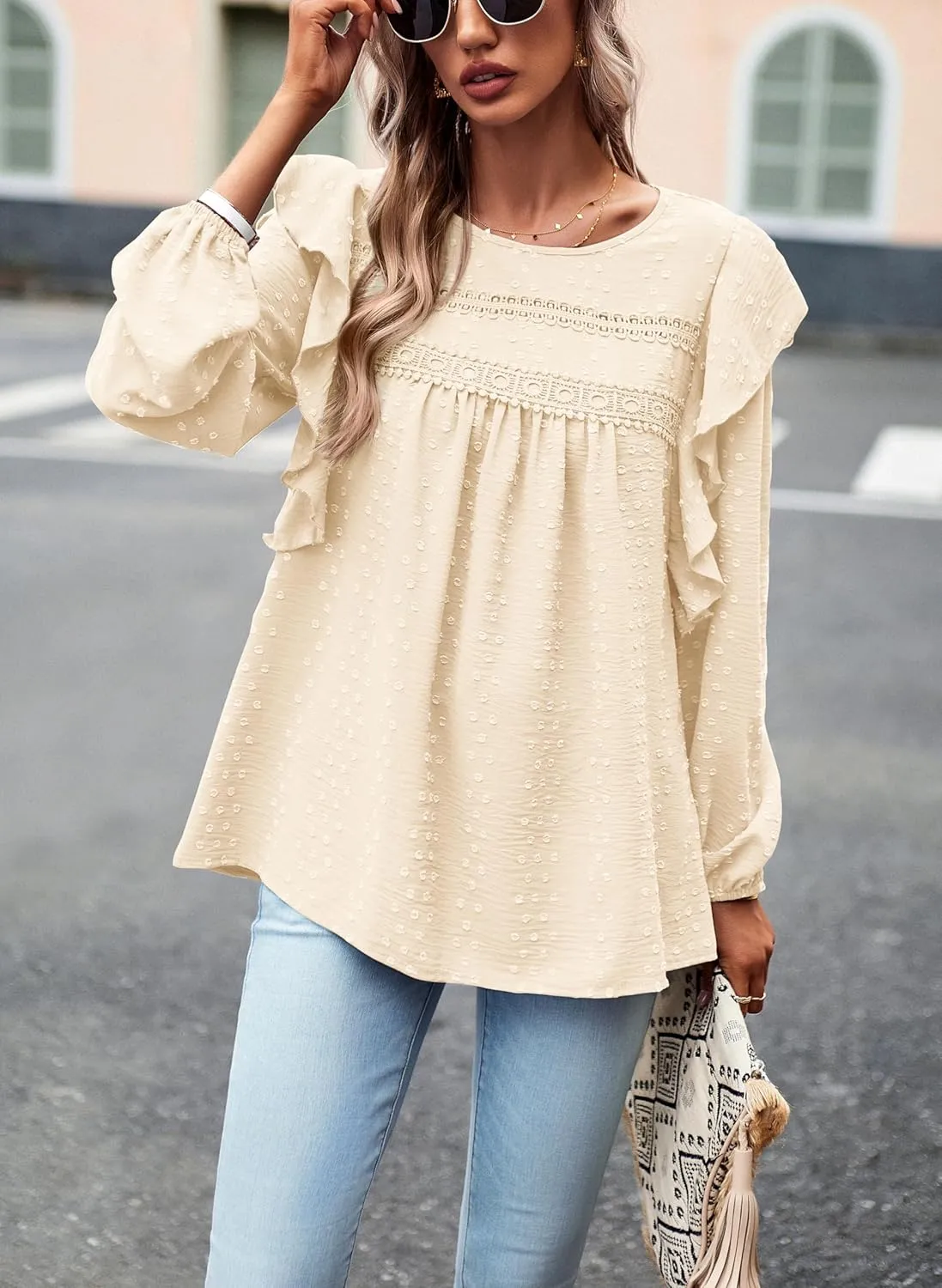 PRETTYGARDEN Women's Long Sleeve Blouses Ruffle Swiss Dot Crochet Loose Fit 2025 Spring Fall Tunic Dressy Casual Tops