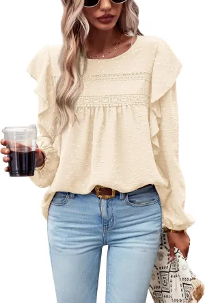 PRETTYGARDEN Women's Long Sleeve Blouses Ruffle Swiss Dot Crochet Loose Fit 2025 Spring Fall Tunic Dressy Casual Tops