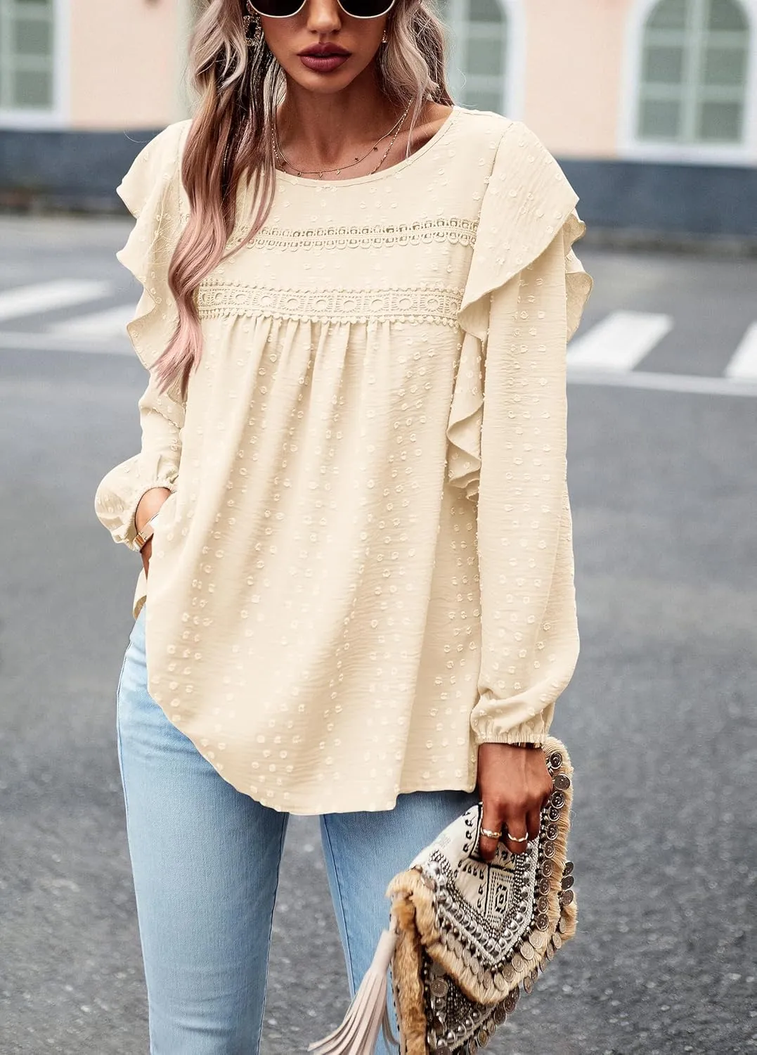 PRETTYGARDEN Women's Long Sleeve Blouses Ruffle Swiss Dot Crochet Loose Fit 2025 Spring Fall Tunic Dressy Casual Tops