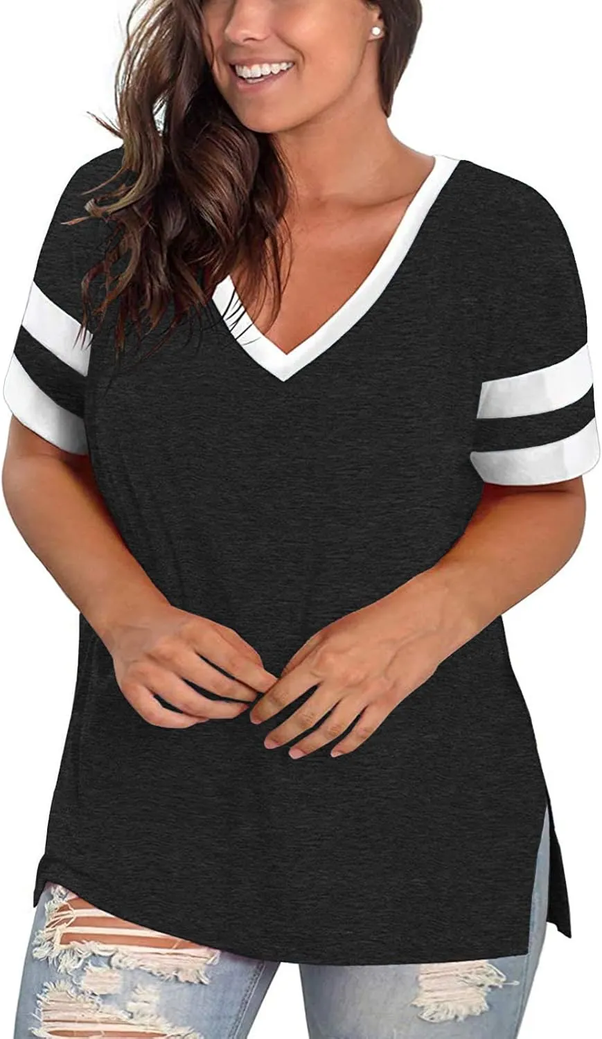 ROSRISS Plus-Size Womens Tops V Neck Color Block Tee Side Split Striped Tunics