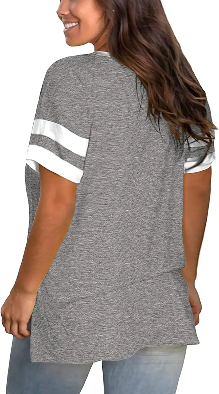 ROSRISS Plus-Size Womens Tops V Neck Color Block Tee Side Split Striped Tunics