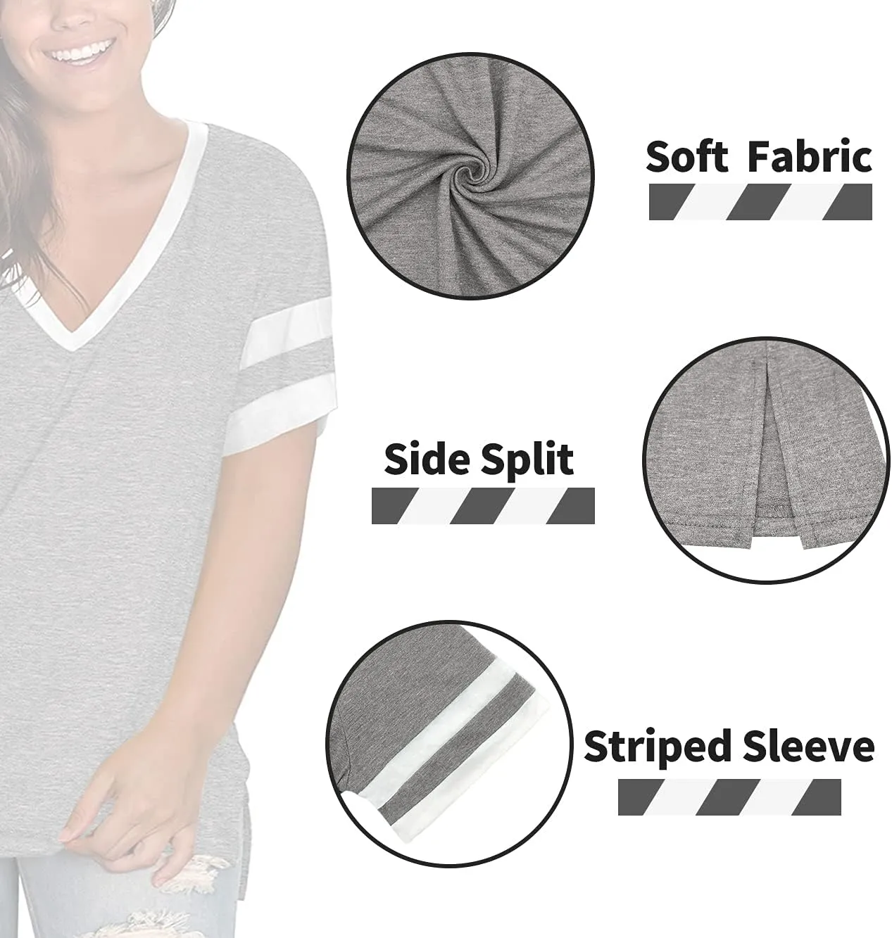 ROSRISS Plus-Size Womens Tops V Neck Color Block Tee Side Split Striped Tunics