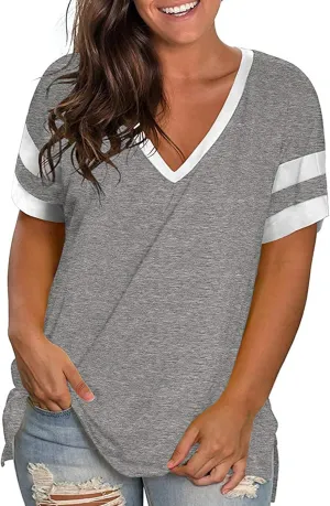 ROSRISS Plus-Size Womens Tops V Neck Color Block Tee Side Split Striped Tunics