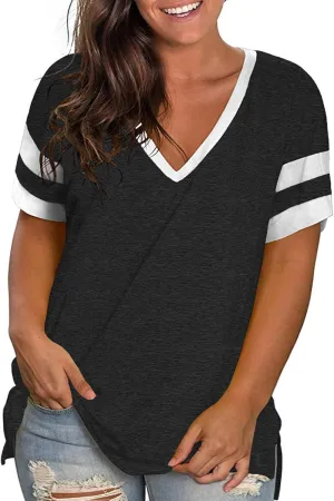 ROSRISS Plus-Size Womens Tops V Neck Color Block Tee Side Split Striped Tunics
