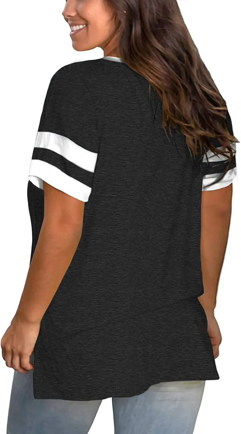 ROSRISS Plus-Size Womens Tops V Neck Color Block Tee Side Split Striped Tunics