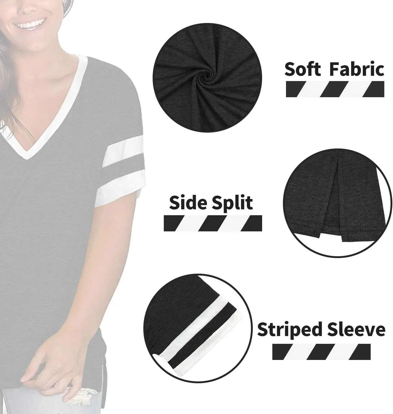 ROSRISS Plus-Size Womens Tops V Neck Color Block Tee Side Split Striped Tunics