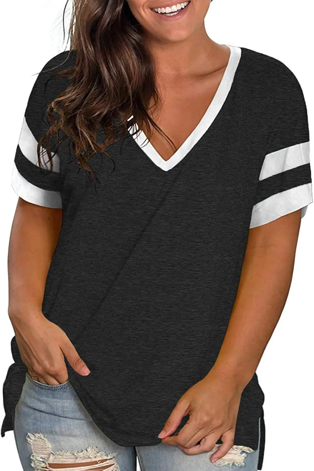 ROSRISS Plus-Size Womens Tops V Neck Color Block Tee Side Split Striped Tunics