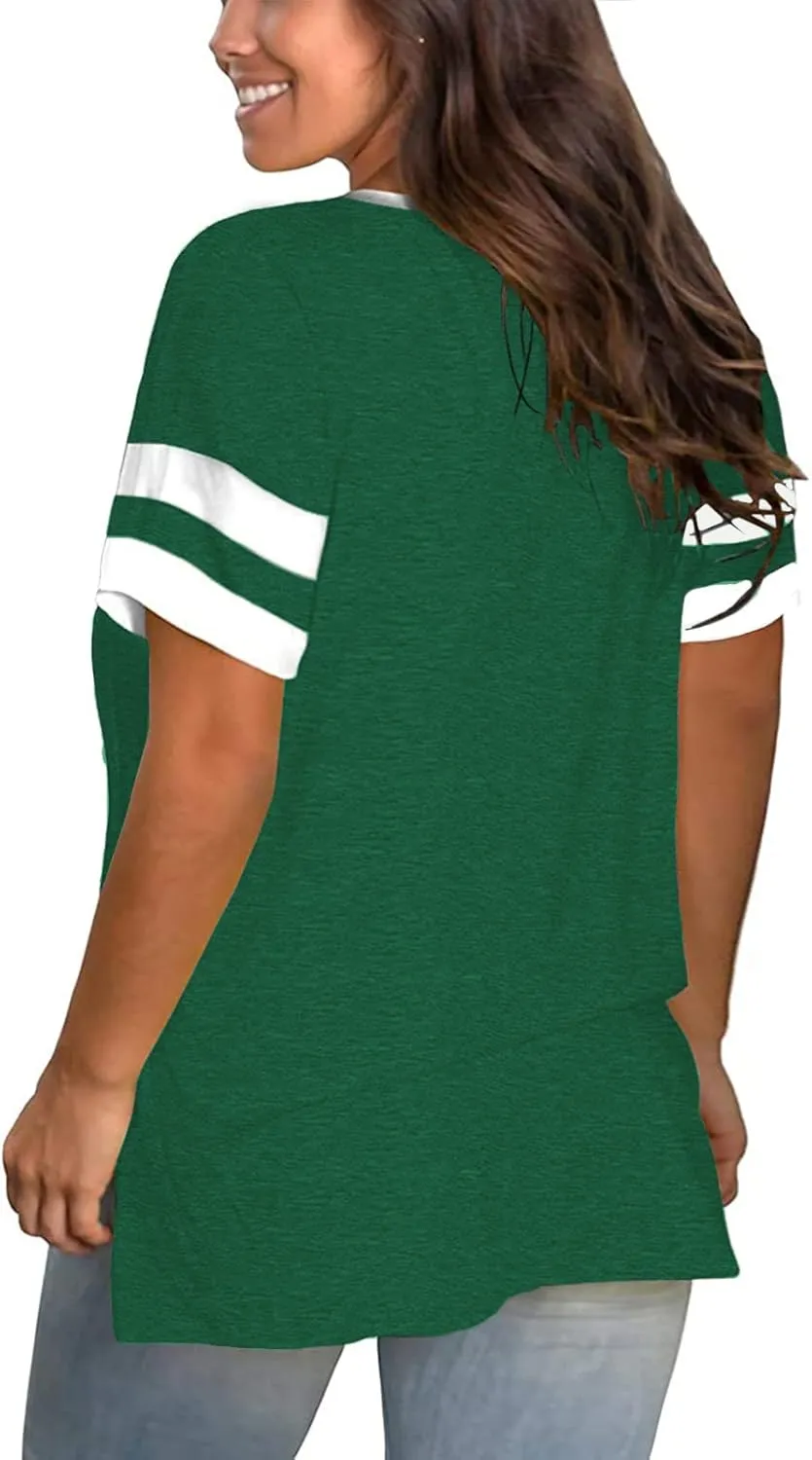 ROSRISS Plus-Size Womens Tops V Neck Color Block Tee Side Split Striped Tunics