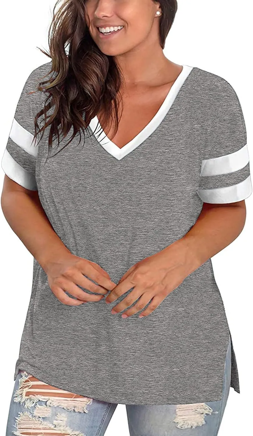 ROSRISS Plus-Size Womens Tops V Neck Color Block Tee Side Split Striped Tunics
