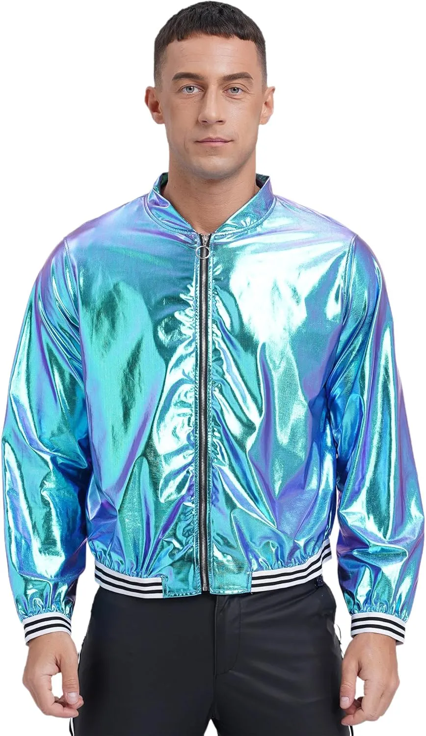 Vxuxlje Men's Shiny Metallic Bomber Jacket 70s Disco Party Baseball Jacket Outerwear Clubwear