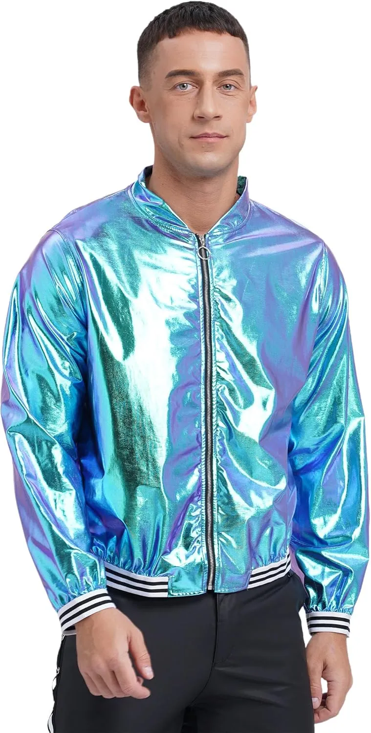 Vxuxlje Men's Shiny Metallic Bomber Jacket 70s Disco Party Baseball Jacket Outerwear Clubwear