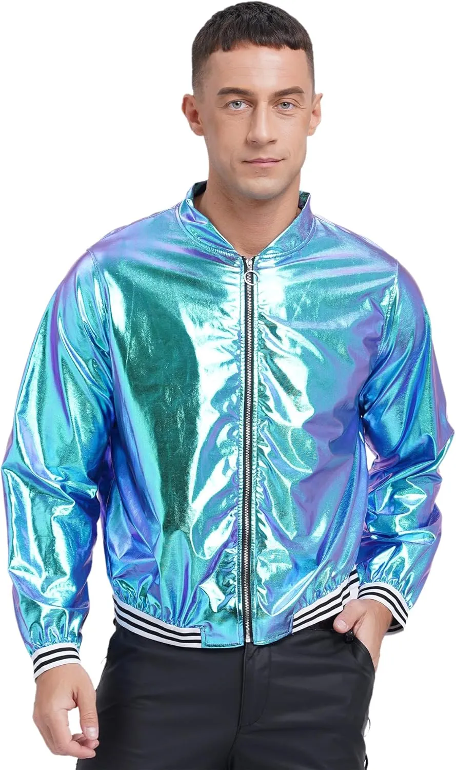 Vxuxlje Men's Shiny Metallic Bomber Jacket 70s Disco Party Baseball Jacket Outerwear Clubwear