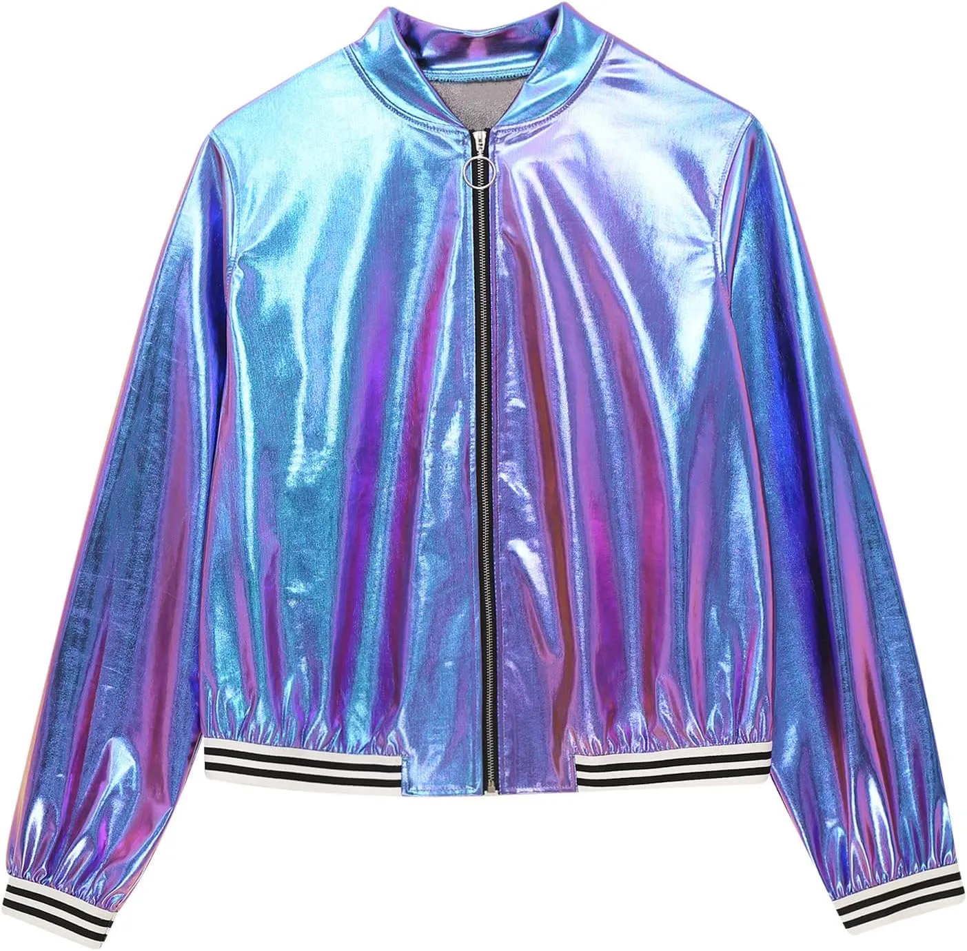 Vxuxlje Men's Shiny Metallic Bomber Jacket 70s Disco Party Baseball Jacket Outerwear Clubwear