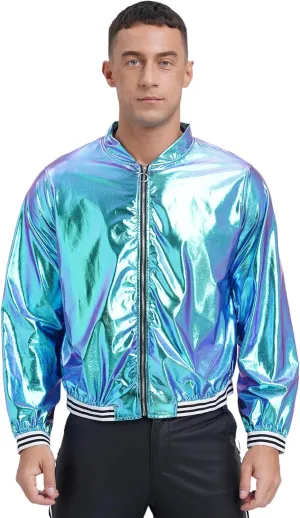 Vxuxlje Men's Shiny Metallic Bomber Jacket 70s Disco Party Baseball Jacket Outerwear Clubwear