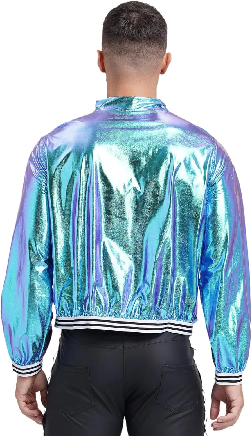 Vxuxlje Men's Shiny Metallic Bomber Jacket 70s Disco Party Baseball Jacket Outerwear Clubwear