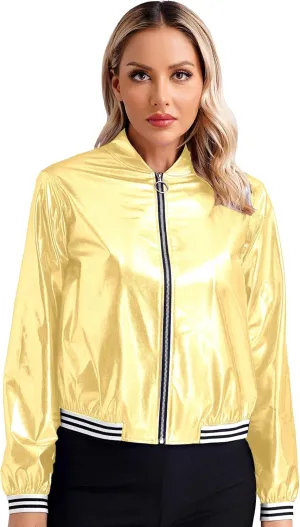 Women's Bomber Jacket Shiny Metallic Zip Up Striped Coat Outerwear Windbreaker Plus Size