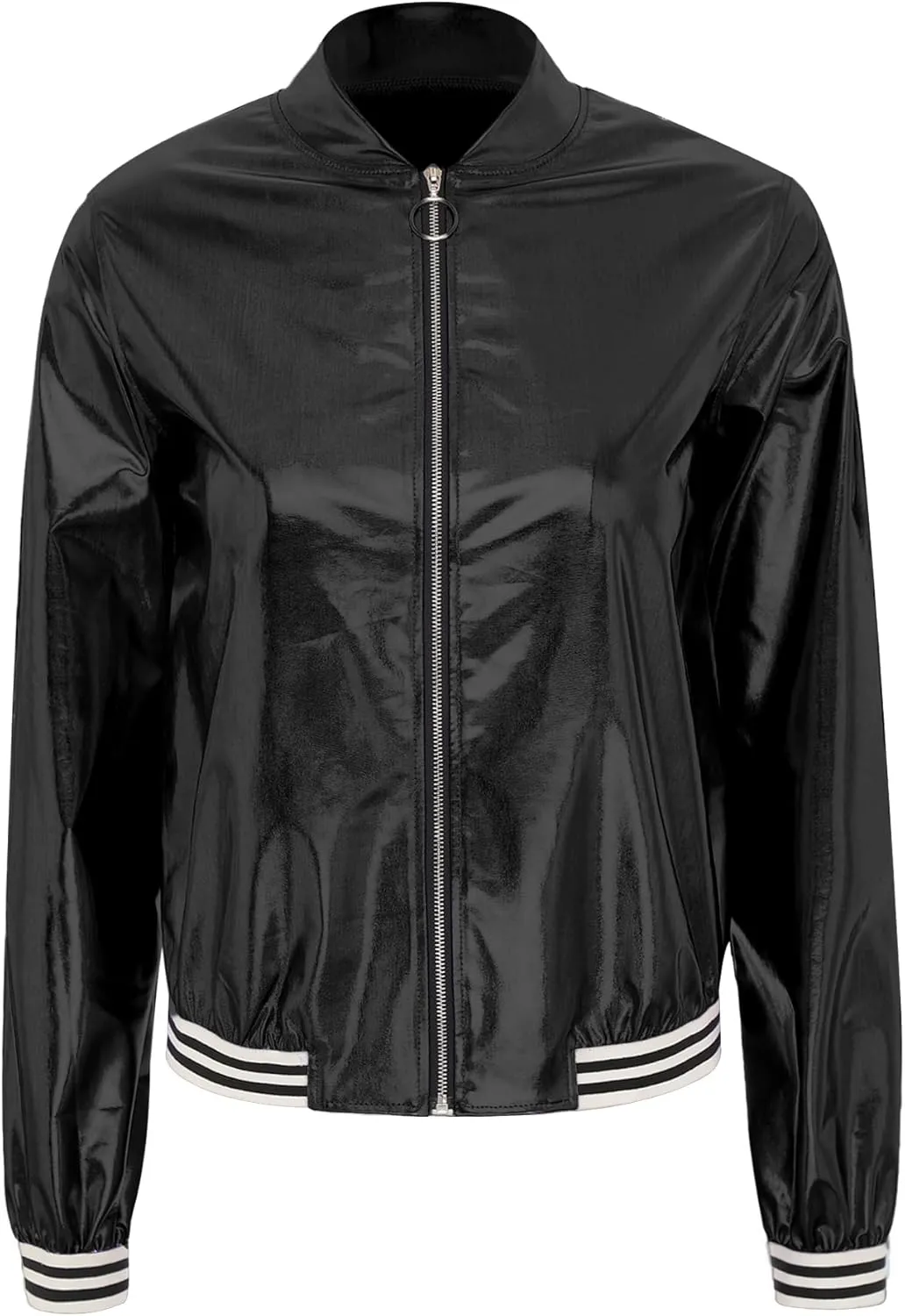 Women's Bomber Jacket Shiny Metallic Zip Up Striped Coat Outerwear Windbreaker Plus Size
