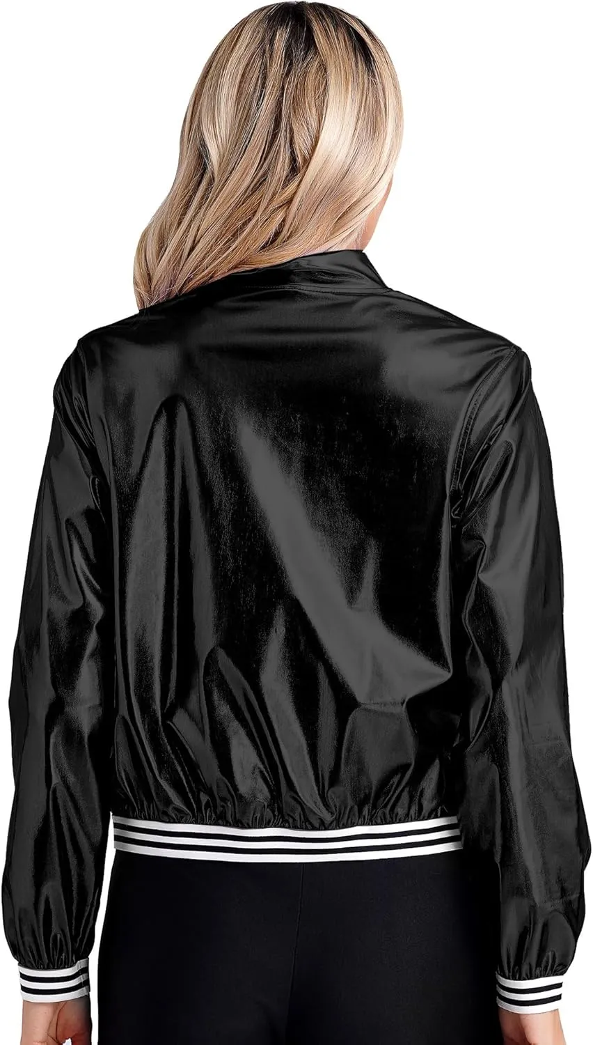 Women's Bomber Jacket Shiny Metallic Zip Up Striped Coat Outerwear Windbreaker Plus Size