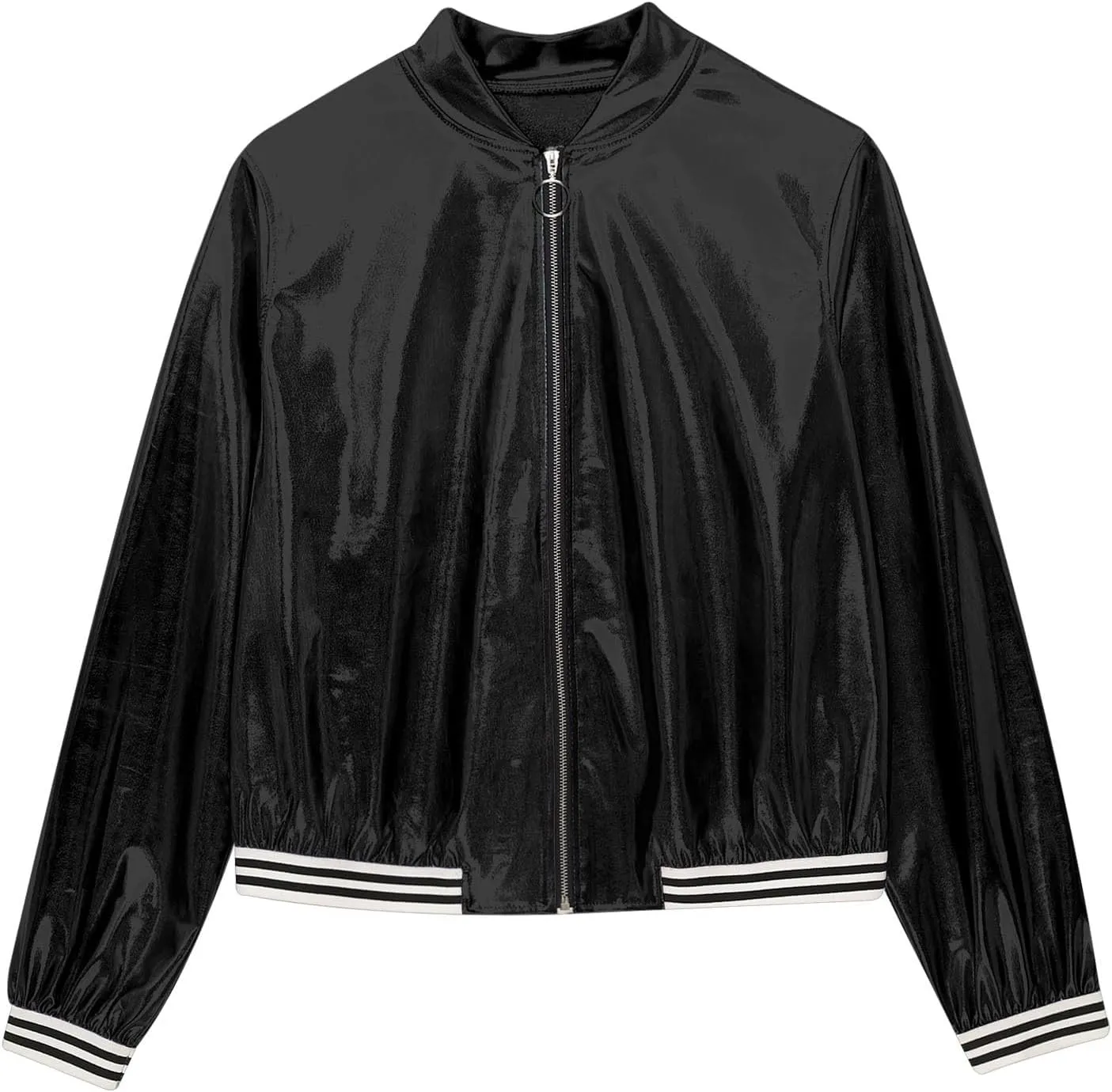 Women's Bomber Jacket Shiny Metallic Zip Up Striped Coat Outerwear Windbreaker Plus Size
