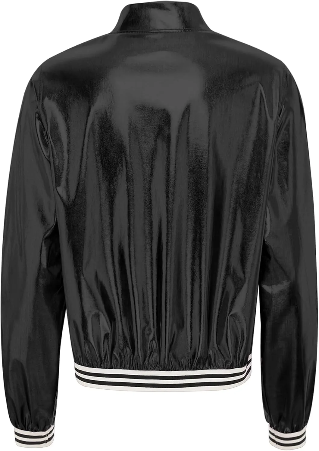 Women's Bomber Jacket Shiny Metallic Zip Up Striped Coat Outerwear Windbreaker Plus Size