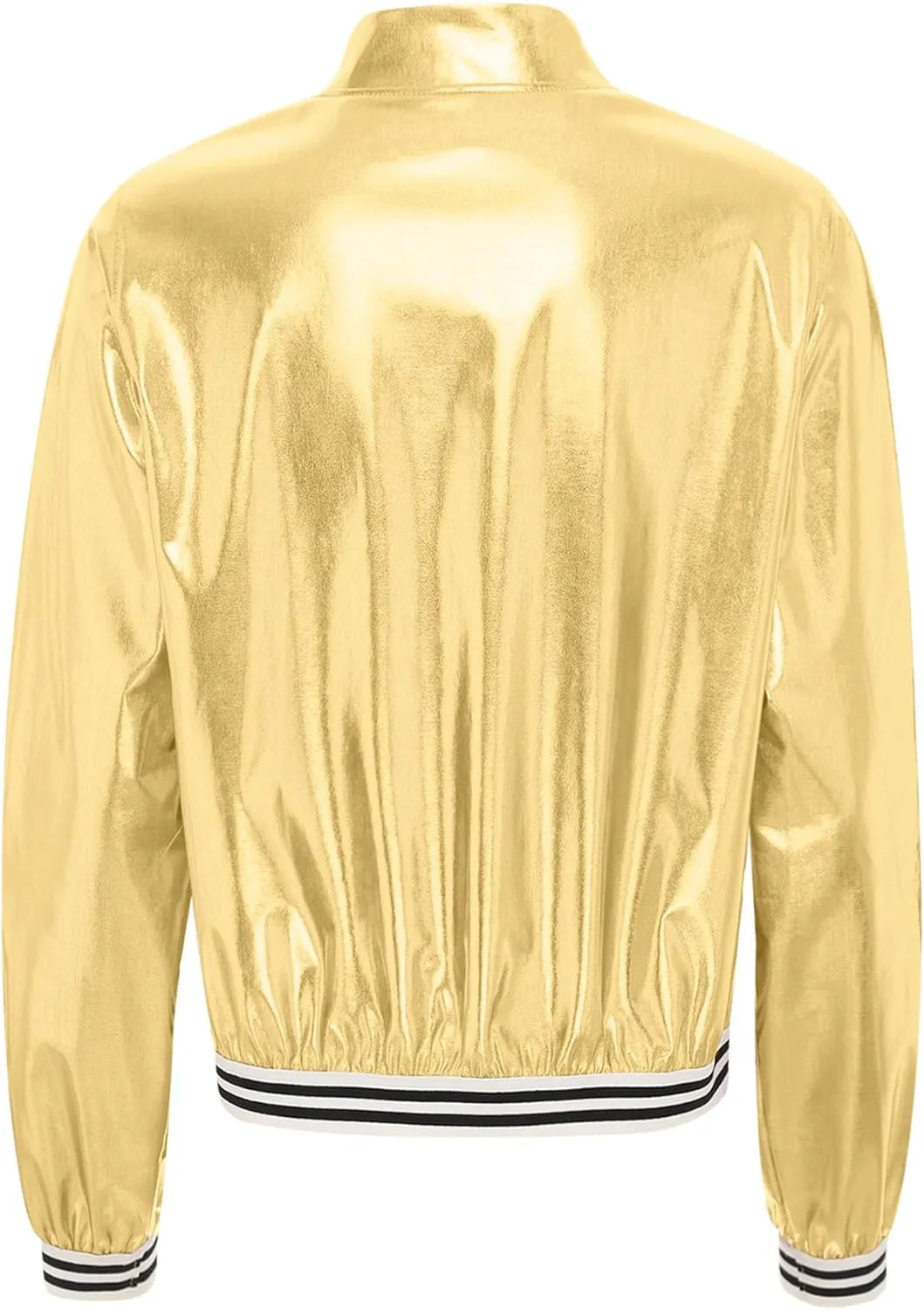 Women's Bomber Jacket Shiny Metallic Zip Up Striped Coat Outerwear Windbreaker Plus Size