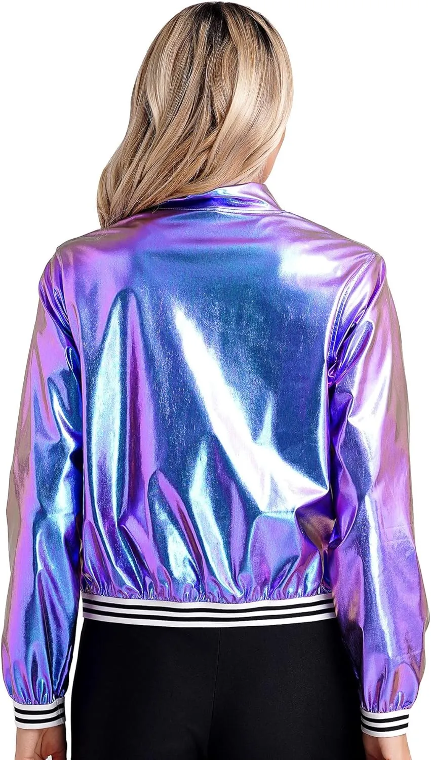 Women's Bomber Jacket Shiny Metallic Zip Up Striped Coat Outerwear Windbreaker Plus Size