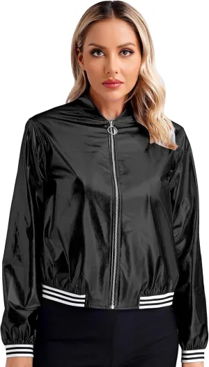 Women's Bomber Jacket Shiny Metallic Zip Up Striped Coat Outerwear Windbreaker Plus Size