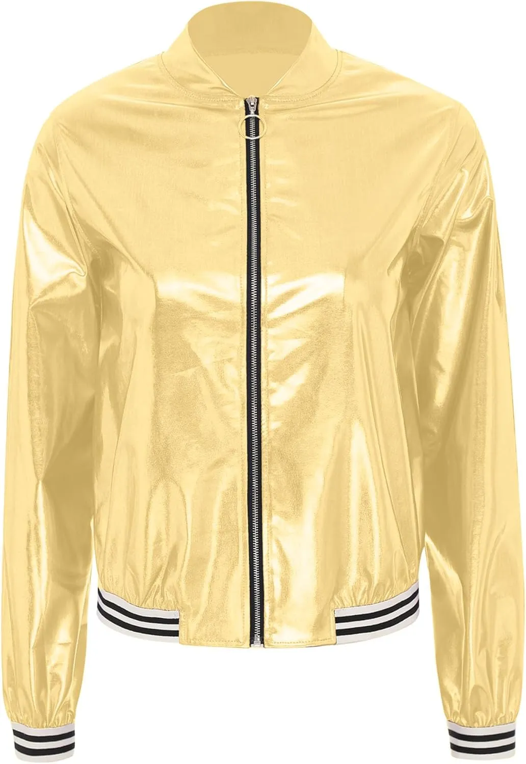 Women's Bomber Jacket Shiny Metallic Zip Up Striped Coat Outerwear Windbreaker Plus Size