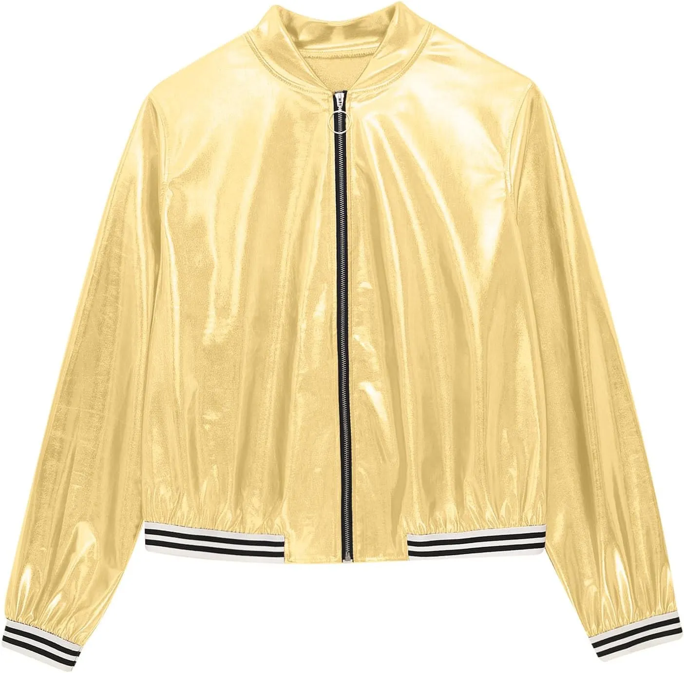 Women's Bomber Jacket Shiny Metallic Zip Up Striped Coat Outerwear Windbreaker Plus Size