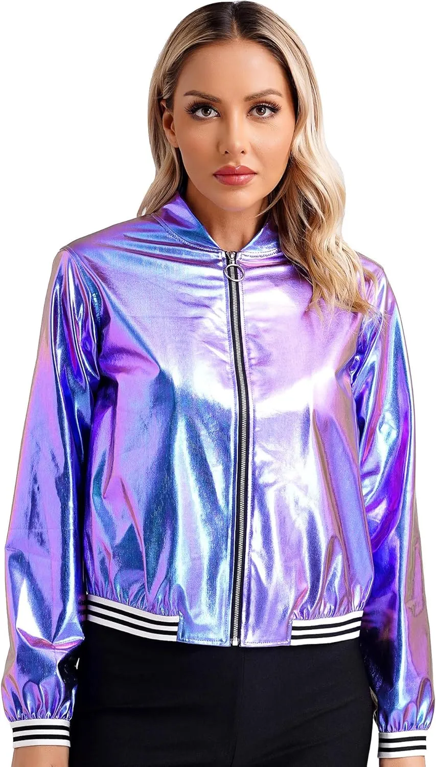 Women's Bomber Jacket Shiny Metallic Zip Up Striped Coat Outerwear Windbreaker Plus Size