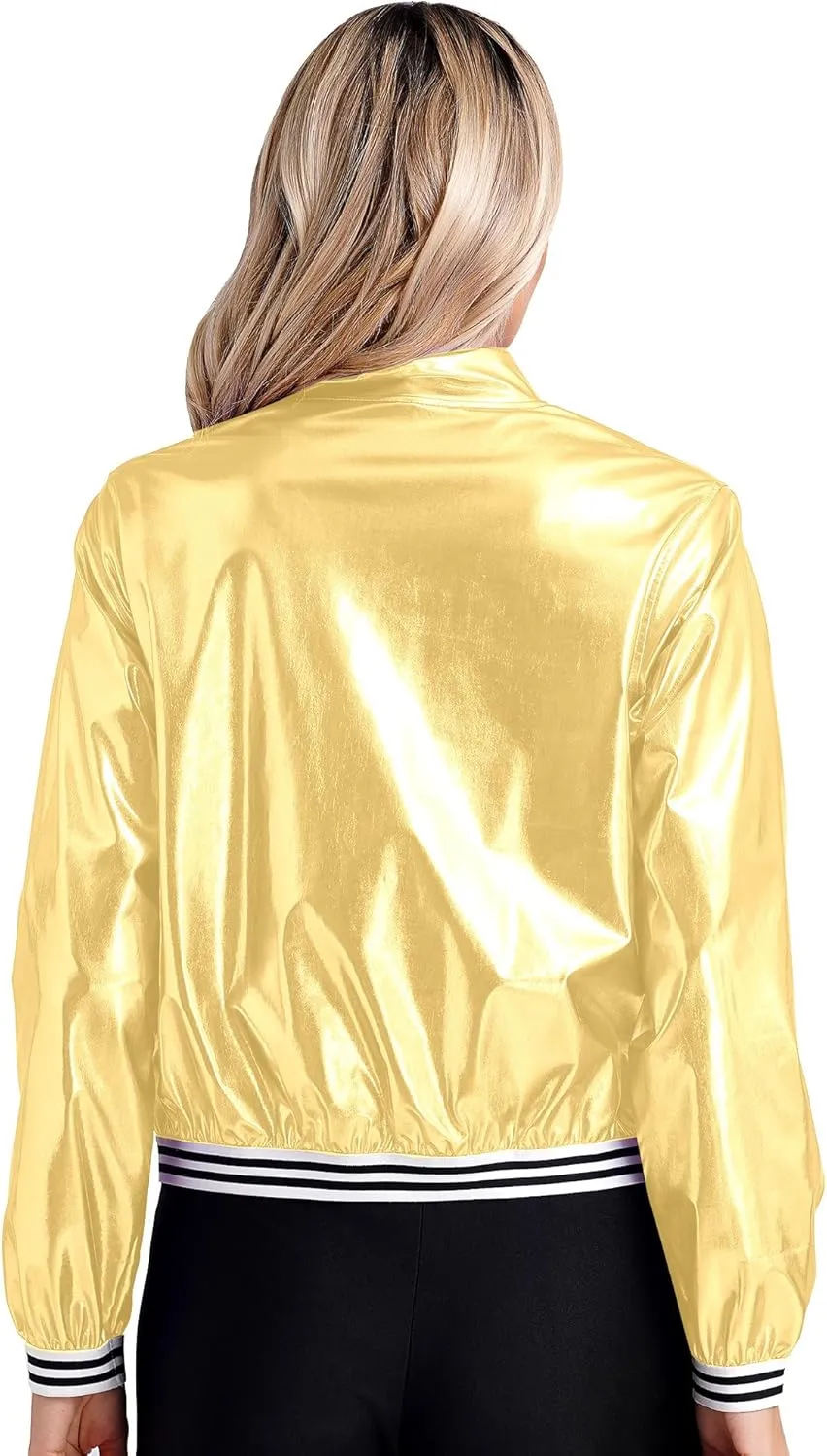 Women's Bomber Jacket Shiny Metallic Zip Up Striped Coat Outerwear Windbreaker Plus Size