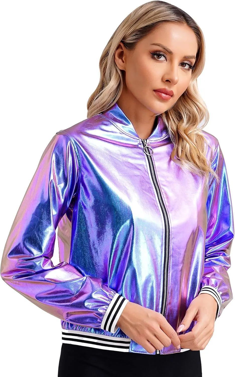 Women's Bomber Jacket Shiny Metallic Zip Up Striped Coat Outerwear Windbreaker Plus Size
