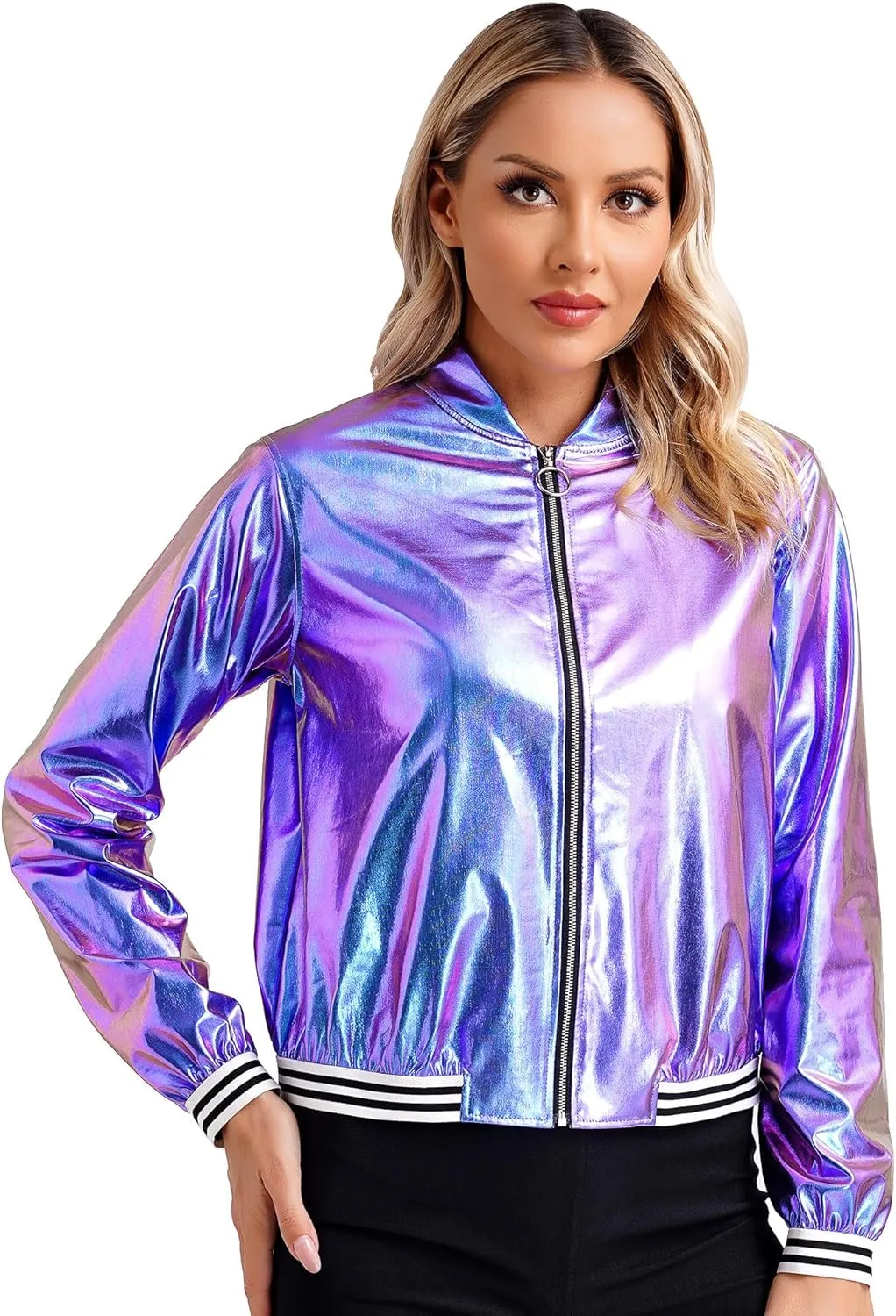 Women's Bomber Jacket Shiny Metallic Zip Up Striped Coat Outerwear Windbreaker Plus Size