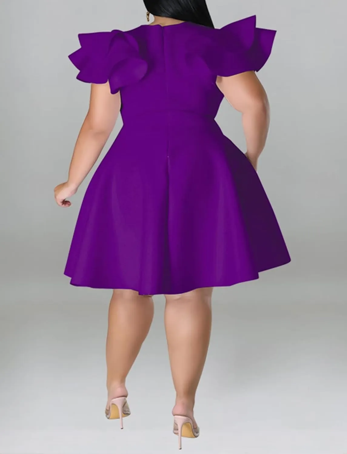 Women's Plus Size Cape Flutter Sleeve Stretchy A Line Swing Flared Skater Cocktail Party Dress with Pockets