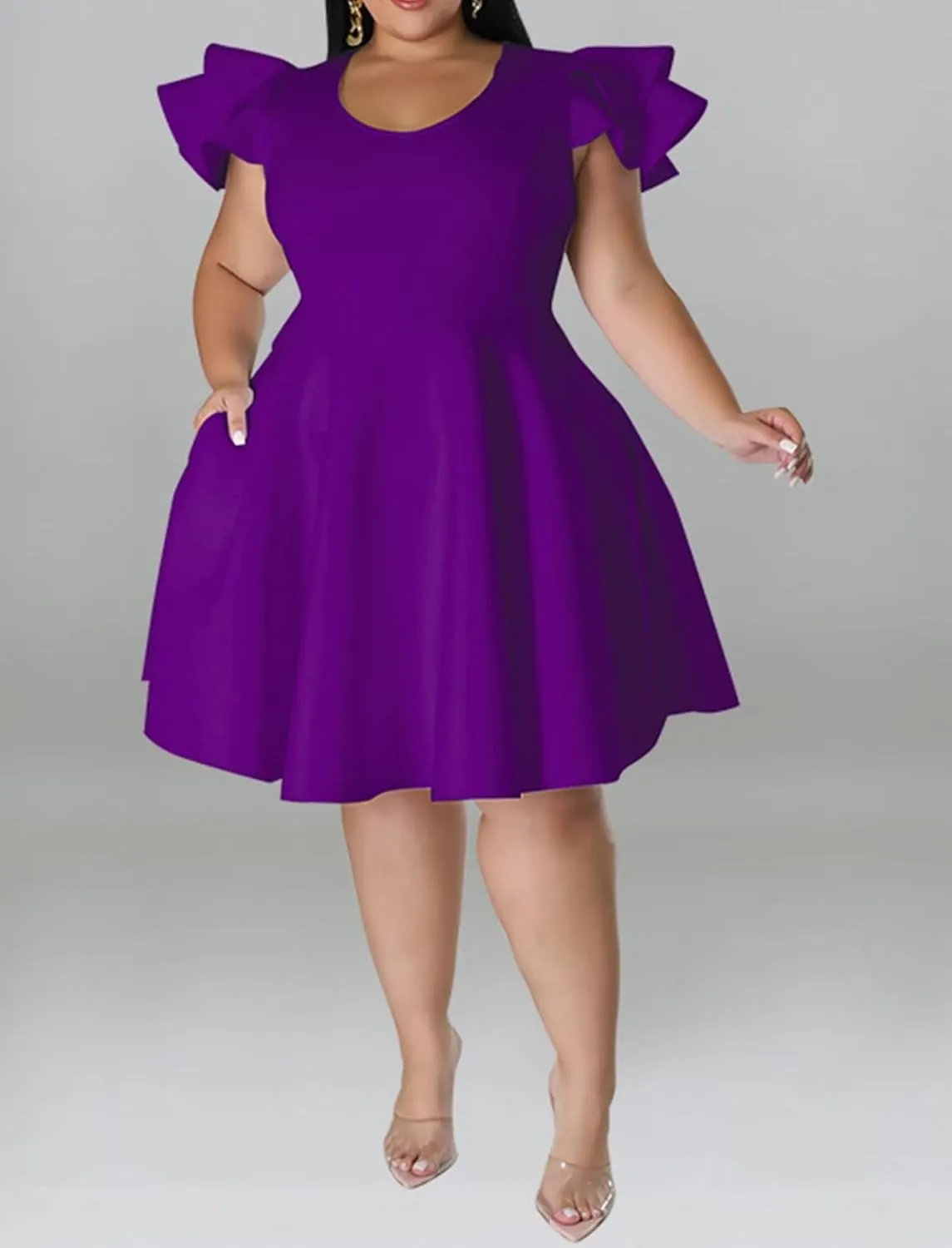 Women's Plus Size Cape Flutter Sleeve Stretchy A Line Swing Flared Skater Cocktail Party Dress with Pockets