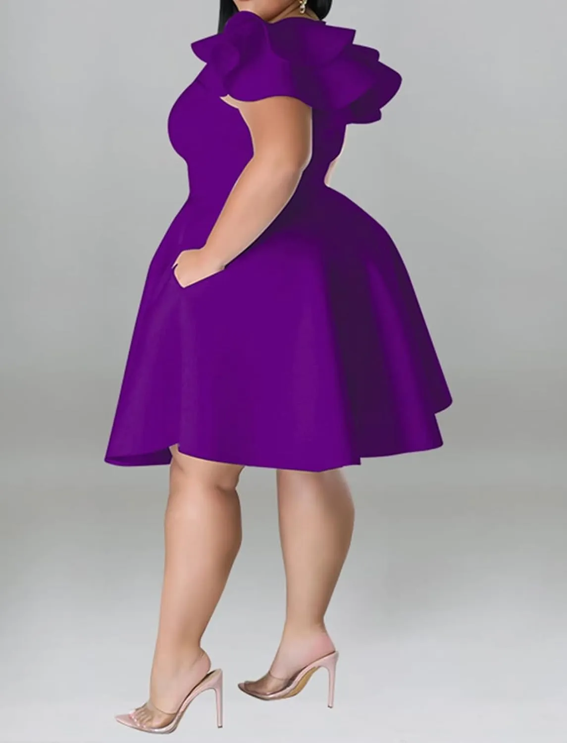 Women's Plus Size Cape Flutter Sleeve Stretchy A Line Swing Flared Skater Cocktail Party Dress with Pockets