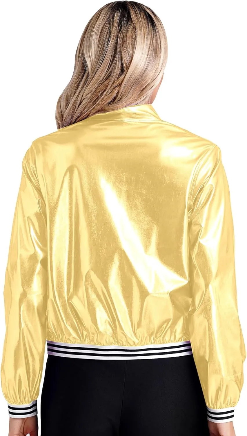 Women's Sparkly Holographic Lightweight Bomber Jacket Shiny Metallic Zipper Up Coat Outerwear
