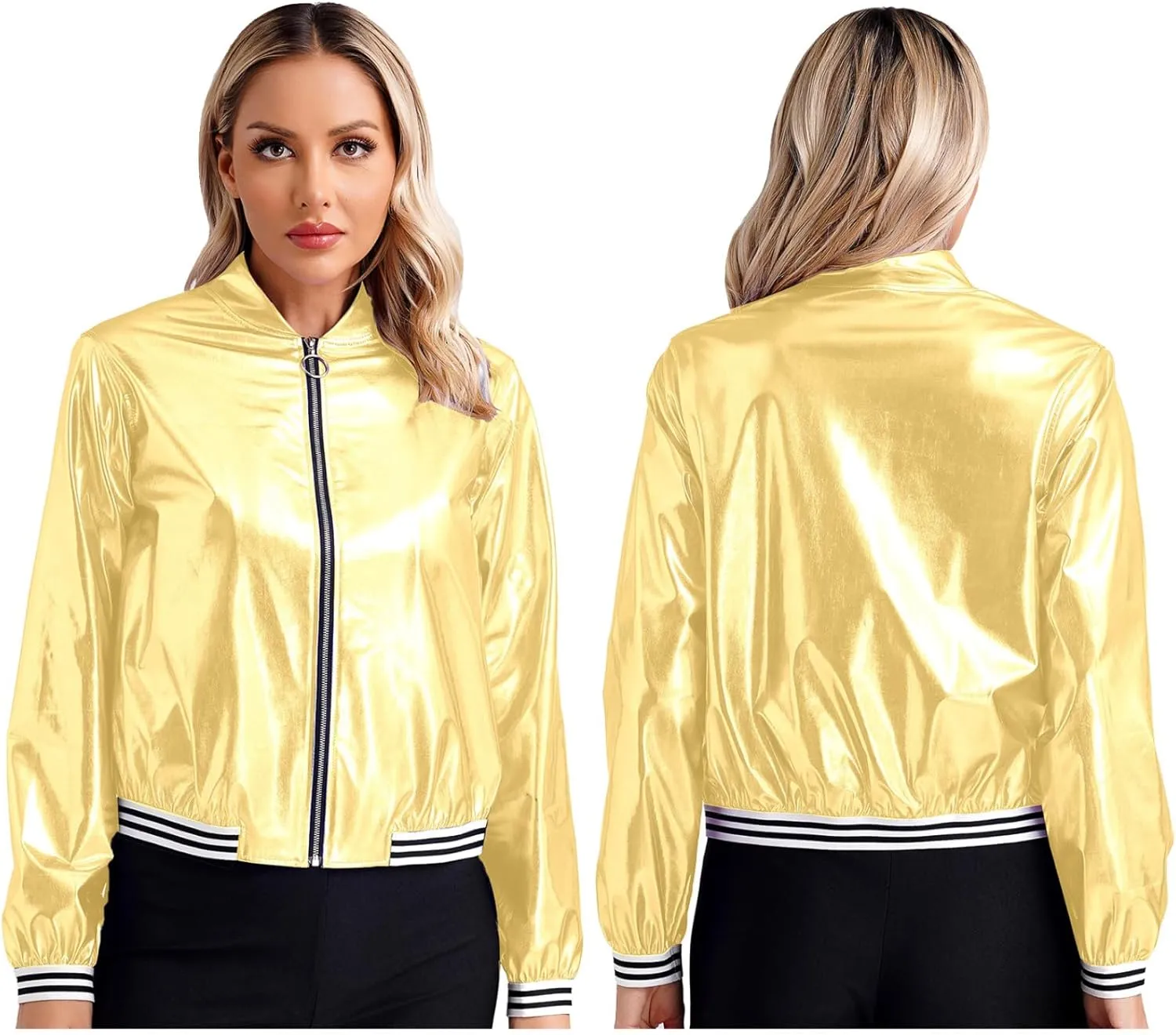 Women's Sparkly Holographic Lightweight Bomber Jacket Shiny Metallic Zipper Up Coat Outerwear